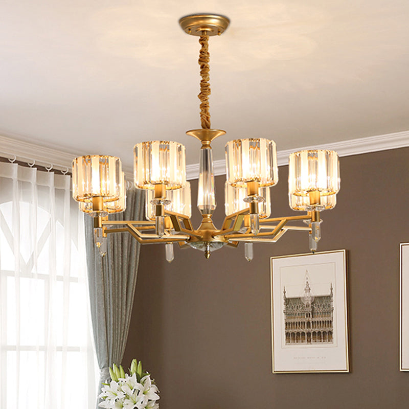 Contemporary Gold Hanging Light Chandelier - Crooked Arm with 6/8 Bulbs, Clear Crystal Shade