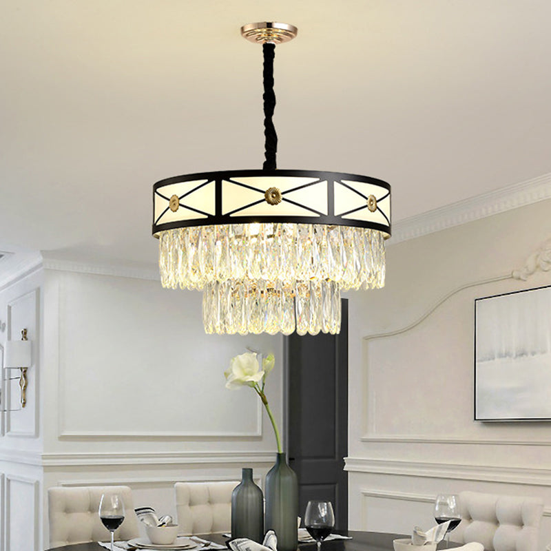 Contemporary Black Crystal Chandelier - 9 Heads 3-Layer Round Suspension Light