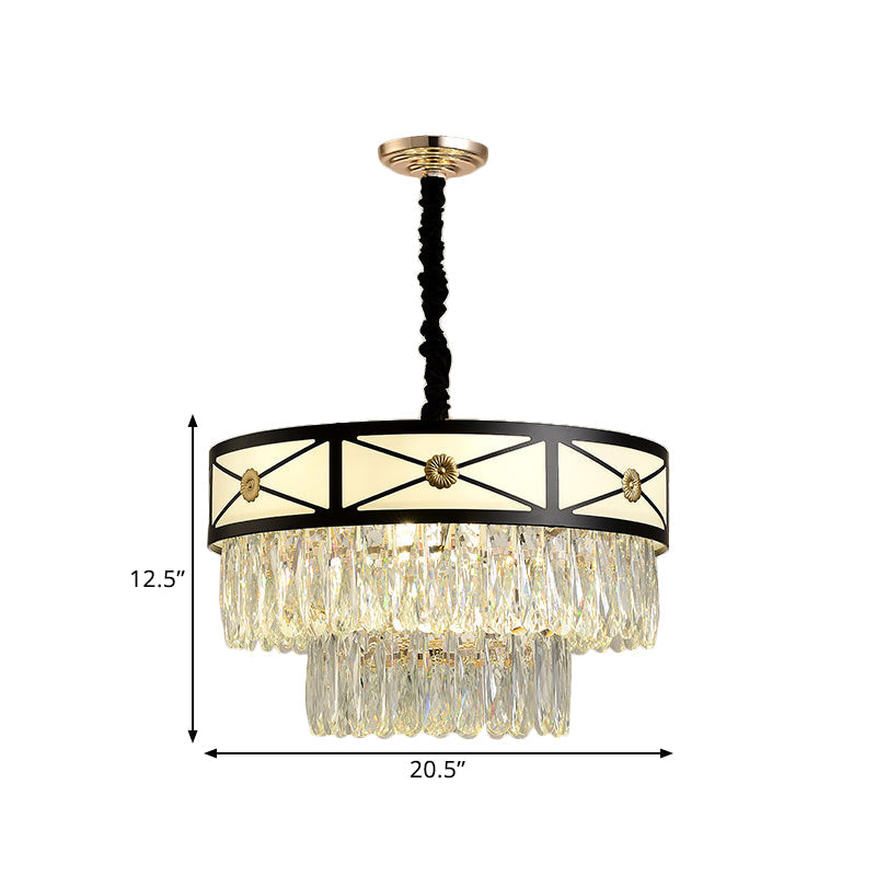 Contemporary Black Chandelier: 9 Heads, Clear Crystal, 3-Layer Round Suspension Light