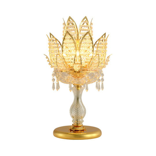 Mid-Century Lotus Crystal Table Lamp With Gold Base - Clear Bulb Light For Bedroom Nightstand