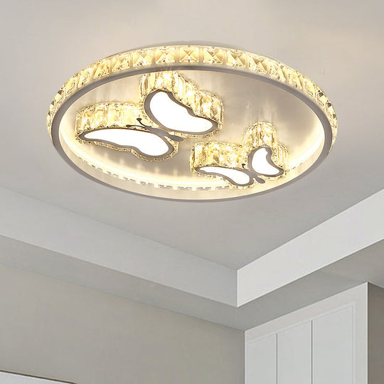 Contemporary LED White Ceiling Mount Fixture with Butterfly/Loving Heart Clear Crystal Blocks