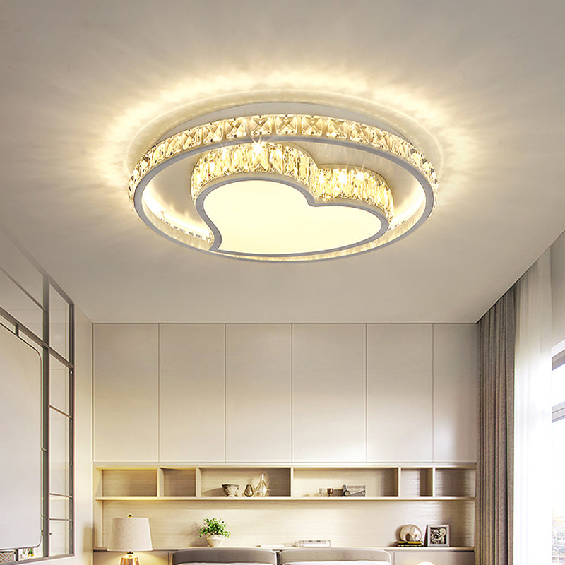 Contemporary LED White Ceiling Mount Fixture with Butterfly/Loving Heart Clear Crystal Blocks