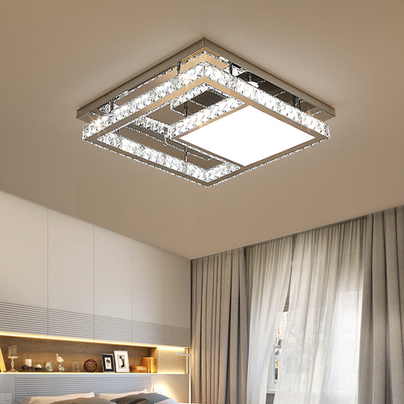 Contemporary LED Crystal Flushmount Ceiling Light - Stainless Steel Square Bedchamber Fixture, 19.5"/23.5" Width