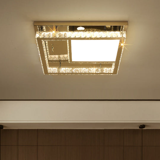 Contemporary Led Crystal Flushmount Ceiling Light - Stainless Steel Square Bedchamber Fixture