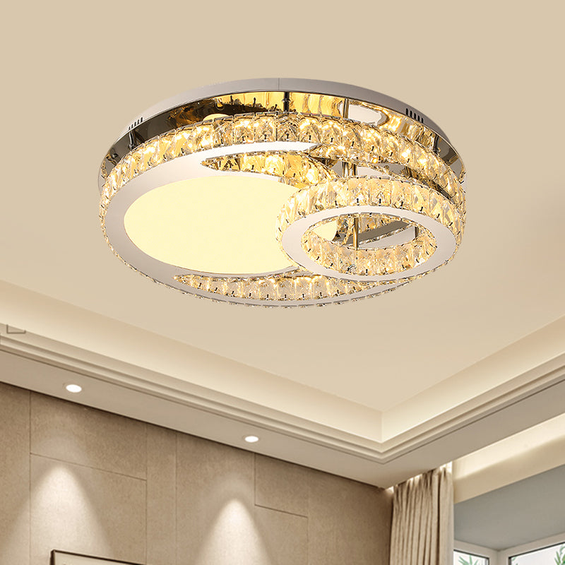 Modern LED Crystal Bedroom Ceiling Light Fixture in Stainless-Steel - Ring Clear Cut 19.5"/23.5" Wide Flush Mount Lamp