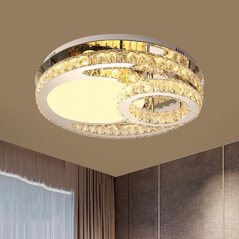 Modern LED Crystal Bedroom Ceiling Light Fixture in Stainless-Steel - Ring Clear Cut 19.5"/23.5" Wide Flush Mount Lamp