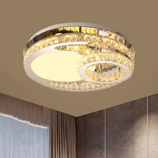 Modern LED Crystal Bedroom Ceiling Light Fixture in Stainless-Steel - Ring Clear Cut 19.5"/23.5" Wide Flush Mount Lamp