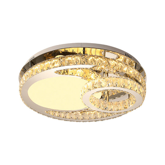 Modern LED Crystal Bedroom Ceiling Light Fixture in Stainless-Steel - Ring Clear Cut 19.5"/23.5" Wide Flush Mount Lamp