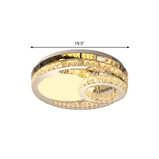 Modern LED Crystal Bedroom Ceiling Light Fixture in Stainless-Steel - Ring Clear Cut 19.5"/23.5" Wide Flush Mount Lamp