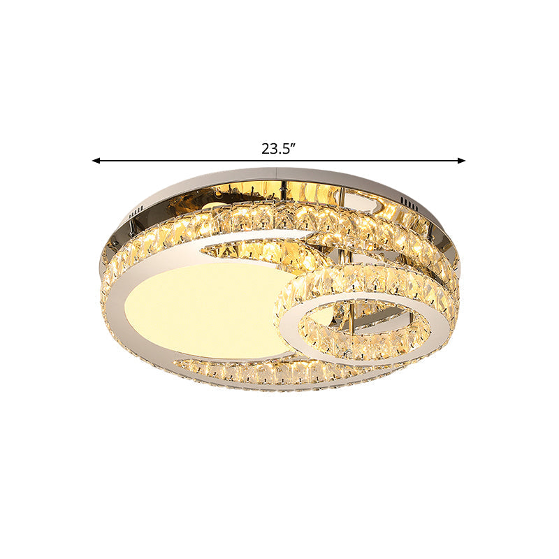 Modern LED Crystal Bedroom Ceiling Light Fixture in Stainless-Steel - Ring Clear Cut 19.5"/23.5" Wide Flush Mount Lamp