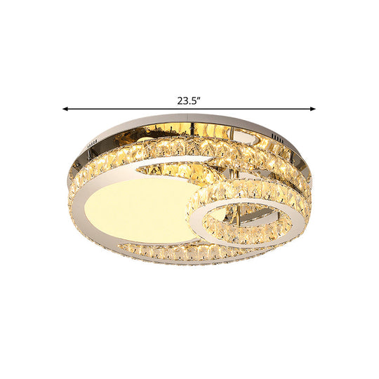 Modern LED Crystal Bedroom Ceiling Light Fixture in Stainless-Steel - Ring Clear Cut 19.5"/23.5" Wide Flush Mount Lamp