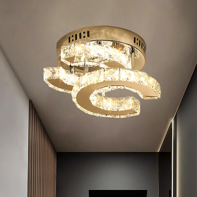 Modern LED Corridor Semi-Light Fixture in Stainless Steel with Clear Crystal Blocks - Ceiling Mount