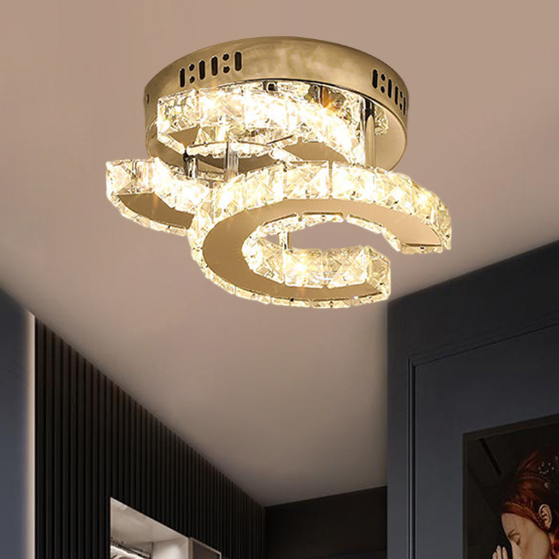 Modern LED Corridor Semi-Light Fixture in Stainless Steel with Clear Crystal Blocks - Ceiling Mount