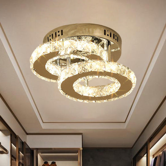 Modern LED Corridor Semi-Light Fixture in Stainless Steel with Clear Crystal Blocks - Ceiling Mount