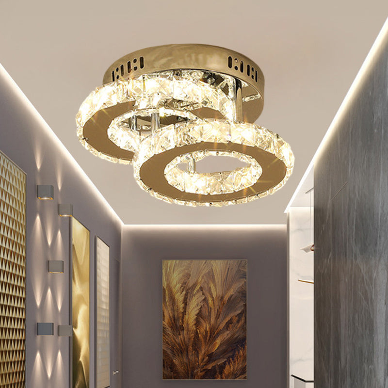 Modern LED Corridor Semi-Light Fixture in Stainless Steel with Clear Crystal Blocks - Ceiling Mount