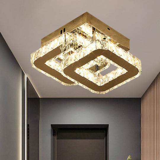 Modern LED Corridor Semi-Light Fixture in Stainless Steel with Clear Crystal Blocks - Ceiling Mount