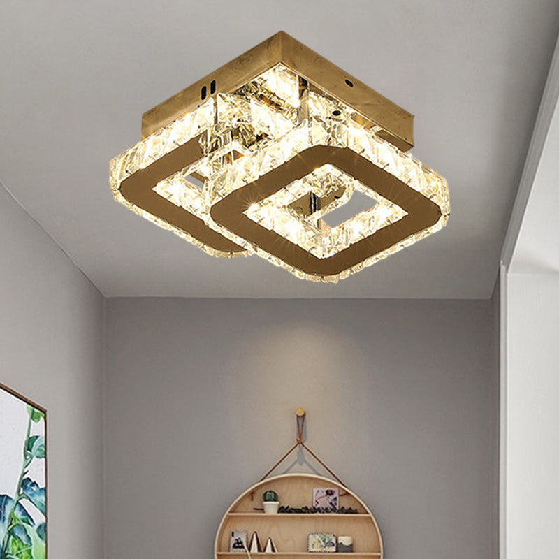 Modern LED Corridor Semi-Light Fixture in Stainless Steel with Clear Crystal Blocks - Ceiling Mount