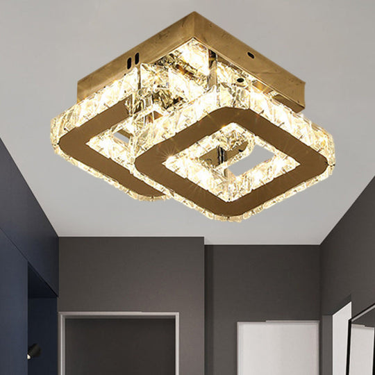 Modern LED Corridor Semi-Light Fixture in Stainless Steel with Clear Crystal Blocks - Ceiling Mount