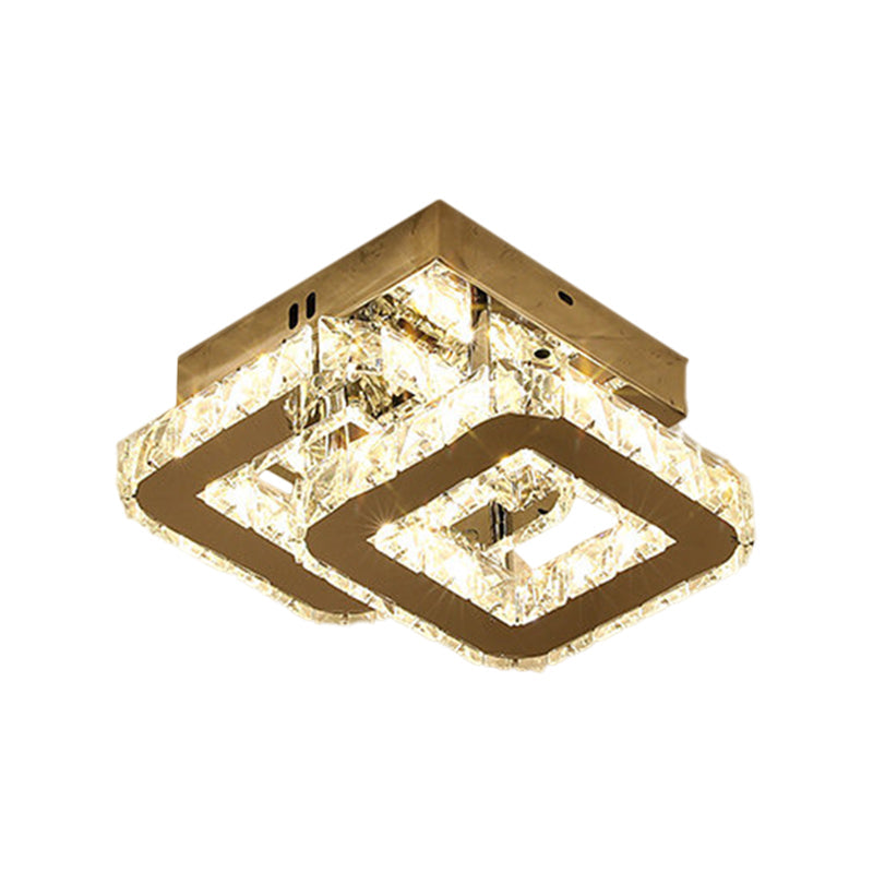 Modern LED Corridor Semi-Light Fixture in Stainless Steel with Clear Crystal Blocks - Ceiling Mount