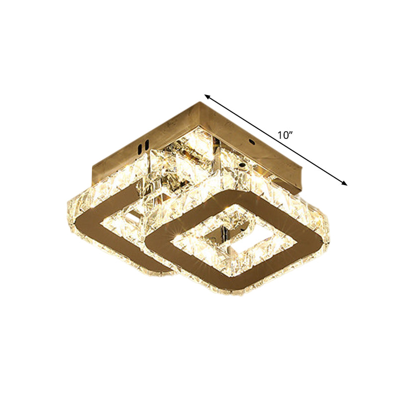 Modern LED Corridor Semi-Light Fixture in Stainless Steel with Clear Crystal Blocks - Ceiling Mount