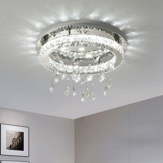 LED Ring Semi Flush Contemporary Stainless-Steel Ceiling Mount with Clear Rectangular-Cut Crystals and Leaf Droplet