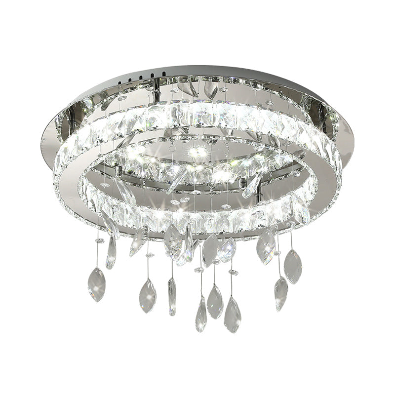 LED Ring Semi Flush Contemporary Stainless-Steel Ceiling Mount with Clear Rectangular-Cut Crystals and Leaf Droplet