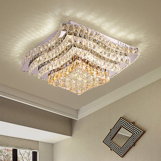 Wavy-Side Square Bedroom LED Flush Mount Ceiling Light with Clear Crystal Blocks, Modern Stainless-Steel Design