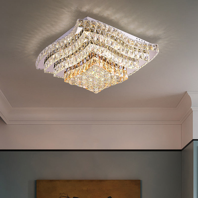 Wavy-Side Square Bedroom Led Flush Mount Ceiling Light With Clear Crystal Blocks Modern