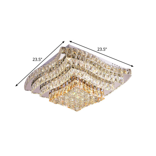 Wavy-Side Square Bedroom LED Flush Mount Ceiling Light with Clear Crystal Blocks, Modern Stainless-Steel Design