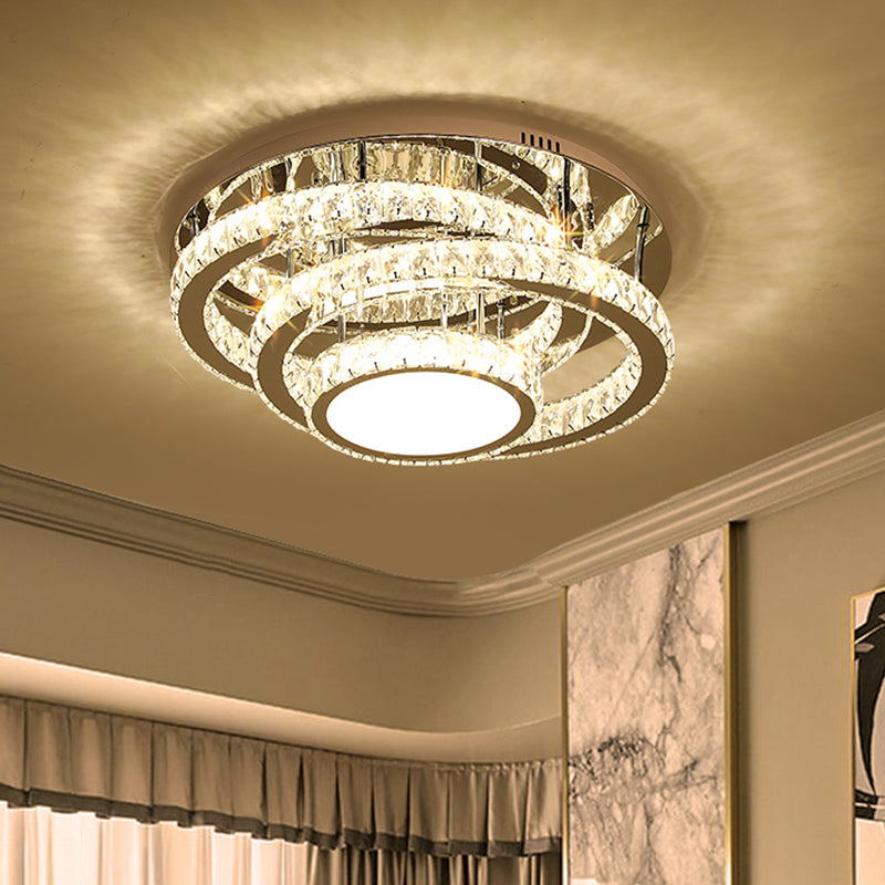 Wide LED Ceiling Lamp - Modern Ring Design with Clear Rectangular-Cut Crystals - Stainless-Steel Flush Light Fixture