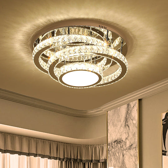 Wide Led Ceiling Lamp - Modern Ring Design With Clear Rectangular-Cut Crystals Stainless-Steel Flush