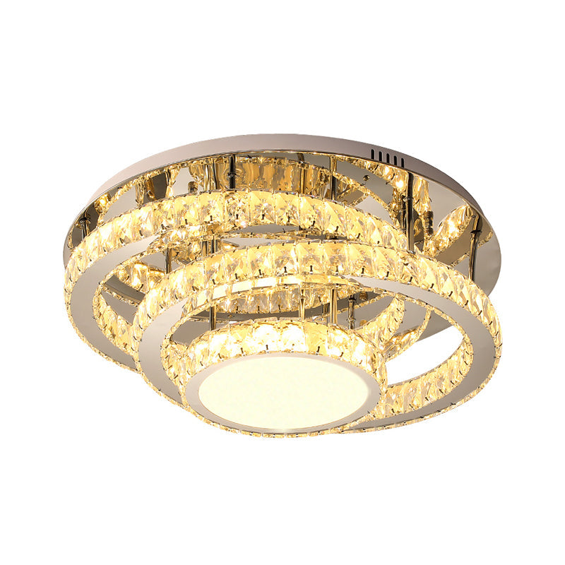 Wide LED Ceiling Lamp - Modern Ring Design with Clear Rectangular-Cut Crystals - Stainless-Steel Flush Light Fixture