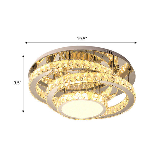 Wide LED Ceiling Lamp - Modern Ring Design with Clear Rectangular-Cut Crystals - Stainless-Steel Flush Light Fixture