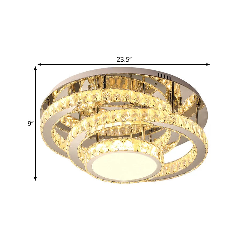 Wide LED Ceiling Lamp - Modern Ring Design with Clear Rectangular-Cut Crystals - Stainless-Steel Flush Light Fixture