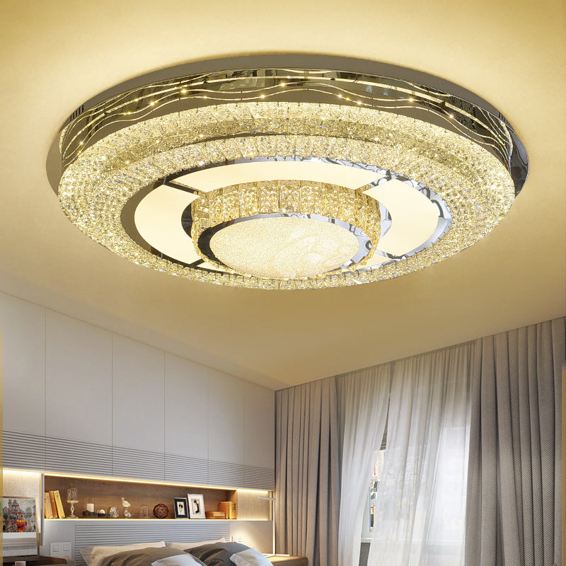 Modern LED Flush Mount Ceiling Lamp with Clear Rectangular-Cut Crystals in Stainless-Steel