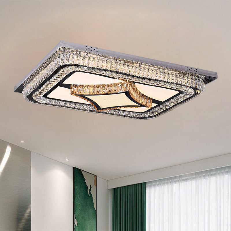 Modern LED Flushmount Ceiling Fixture with Stainless-Steel Frame and Clear Crystal Blocks