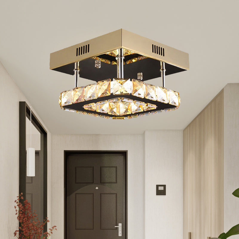 Modern Gold/Stainless-Steel LED Square Ceiling Lamp with Clear Faceted Crystal Blocks and White/Warm Light Flush Mount