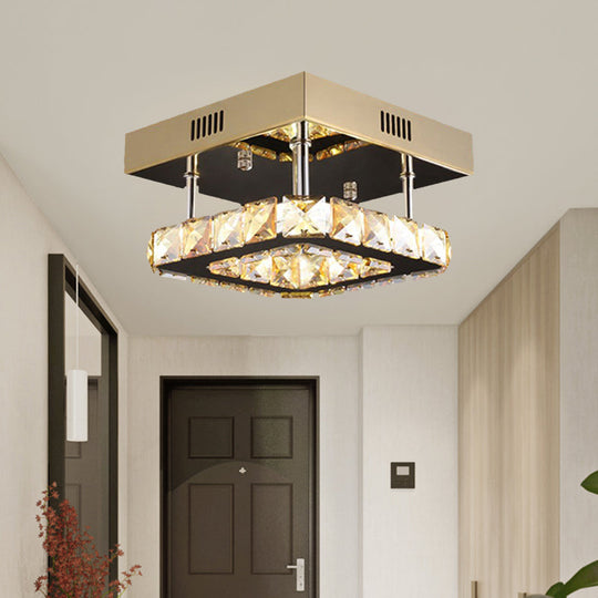 Modern Gold/Stainless-Steel LED Square Ceiling Lamp with Clear Faceted Crystal Blocks and White/Warm Light Flush Mount