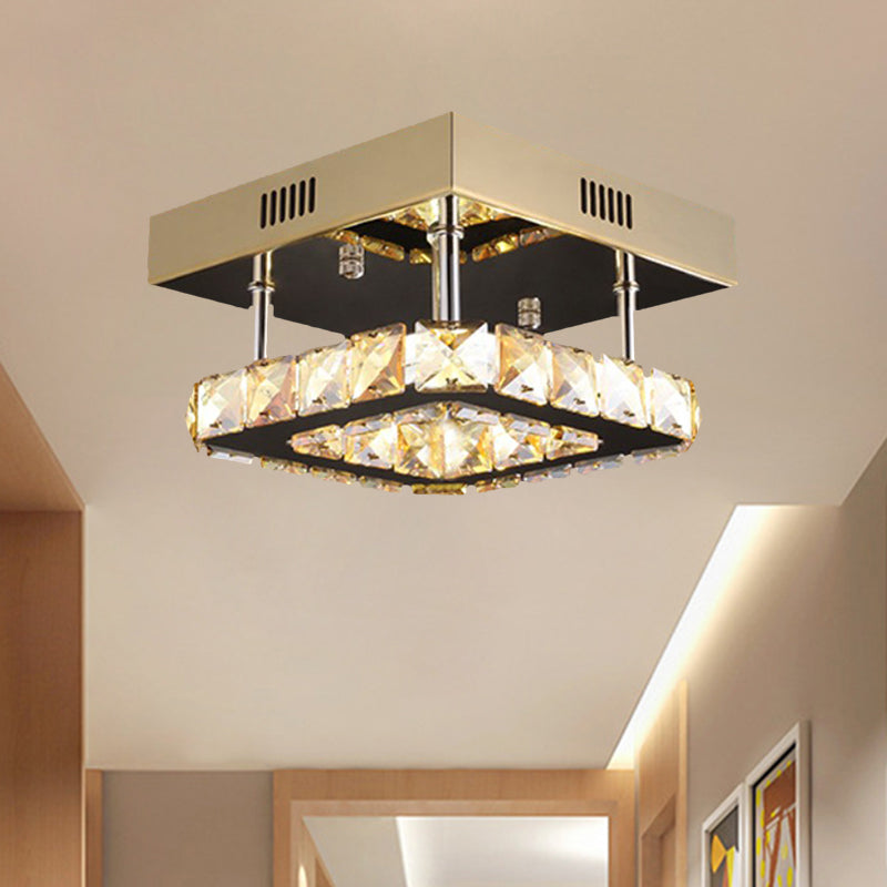 Modern Gold/Stainless-Steel LED Square Ceiling Lamp with Clear Faceted Crystal Blocks and White/Warm Light Flush Mount