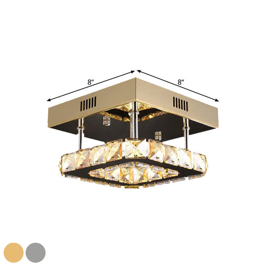 Modern Gold/Stainless-Steel LED Square Ceiling Lamp with Clear Faceted Crystal Blocks and White/Warm Light Flush Mount