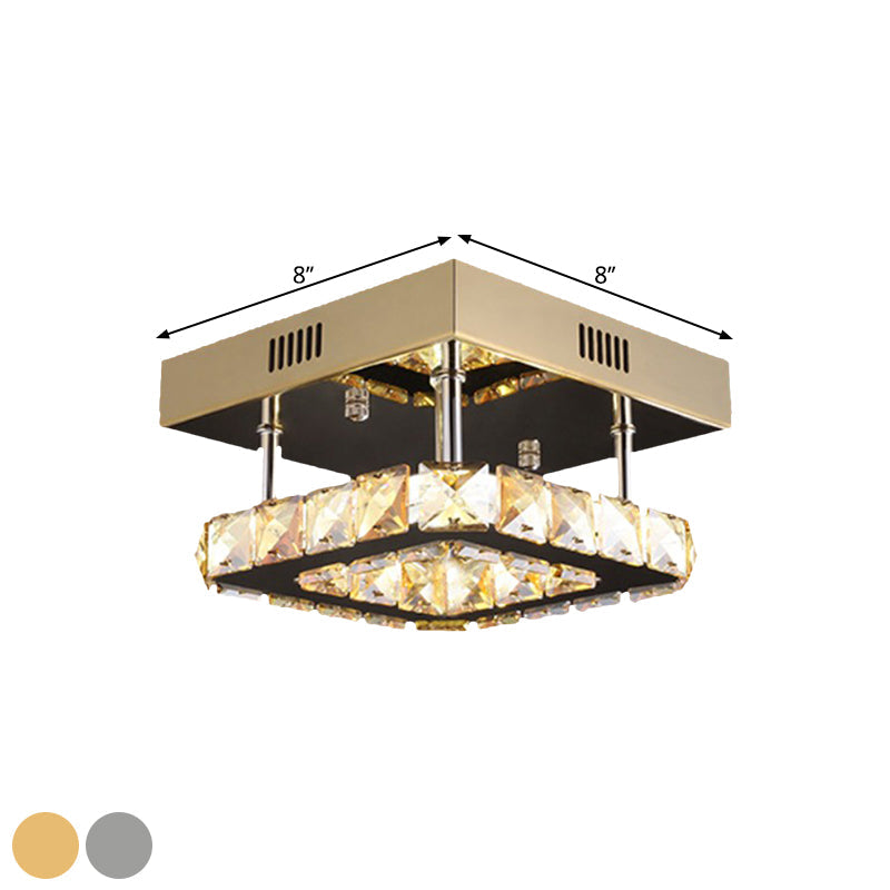 Modern Gold/Stainless-Steel Led Square Ceiling Lamp With Clear Faceted Crystal Blocks And White/Warm