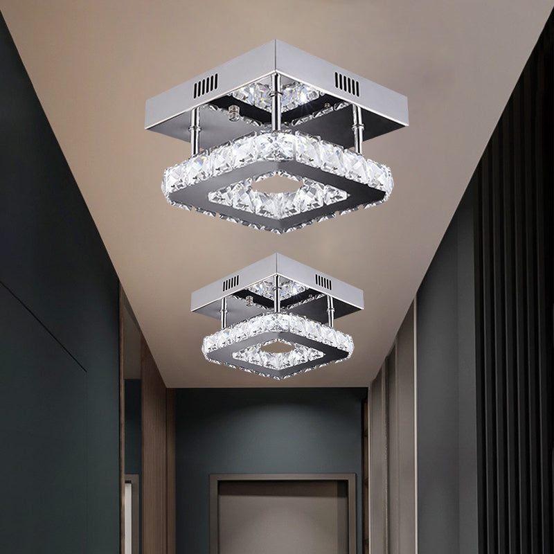 Modern Gold/Stainless-Steel Led Square Ceiling Lamp With Clear Faceted Crystal Blocks And White/Warm