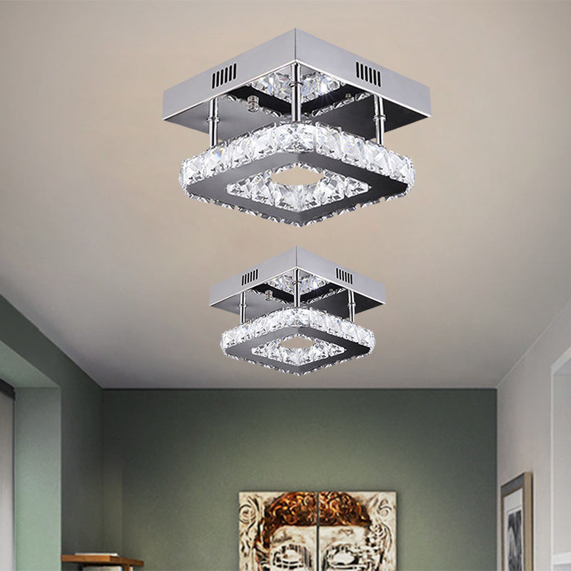 Modern Gold/Stainless-Steel LED Square Ceiling Lamp with Clear Faceted Crystal Blocks and White/Warm Light Flush Mount