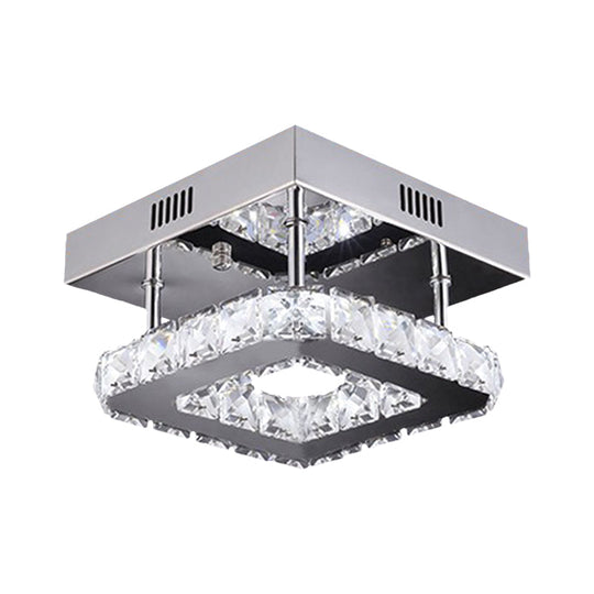 Modern Gold/Stainless-Steel LED Square Ceiling Lamp with Clear Faceted Crystal Blocks and White/Warm Light Flush Mount