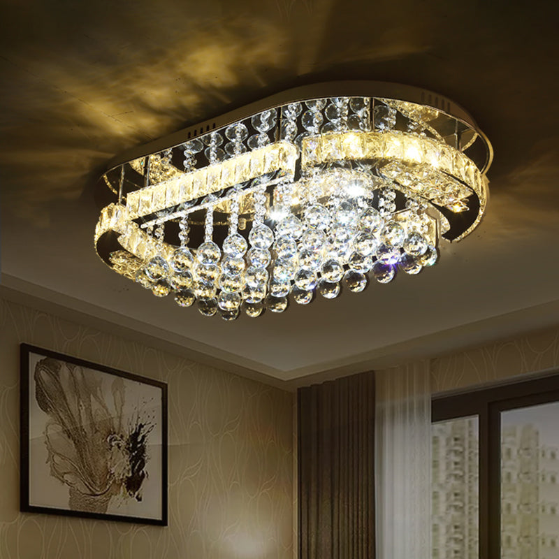 Sleek Stainless-Steel LED Light Fixture with Clear Cut Crystal Blocks and Oval Semi Flush Design