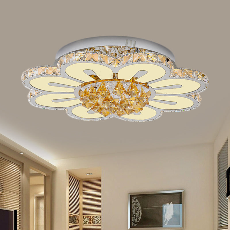 Contemporary LED Flushmount Lighting Fixture - Amber Crystal Blocks with White Finish & Peach Blossom Design