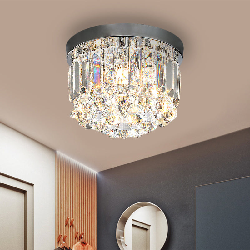 Modern Silver Drum Flush Mount Crystal Prism Corridor Lighting Fixture, 10"/14" Wide