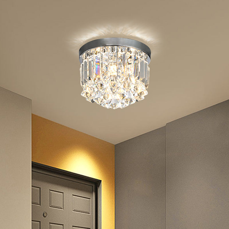 Modern Silver Drum Flush Mount Crystal Prism Corridor Lighting Fixture, 10"/14" Wide