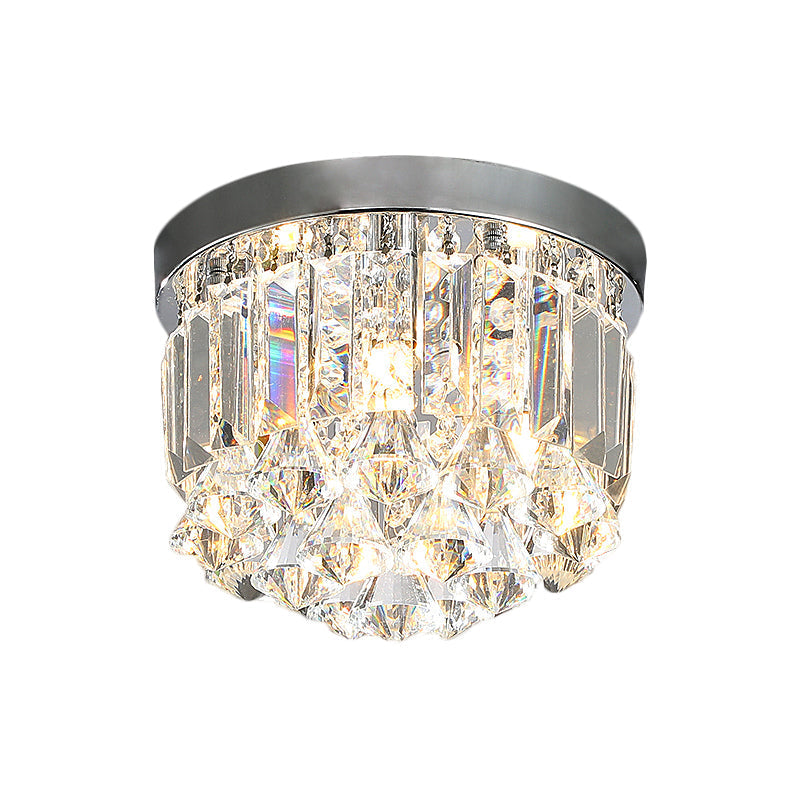 Modern Silver Drum Flush Mount Crystal Prism Corridor Lighting Fixture, 10"/14" Wide