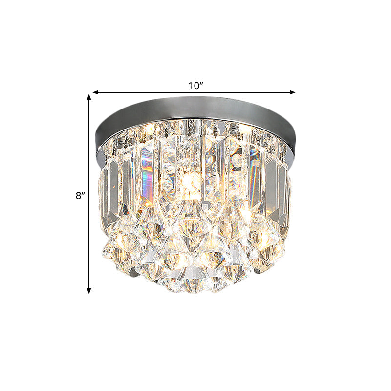 Modern Silver Drum Flush Mount Crystal Prism Corridor Lighting Fixture, 10"/14" Wide